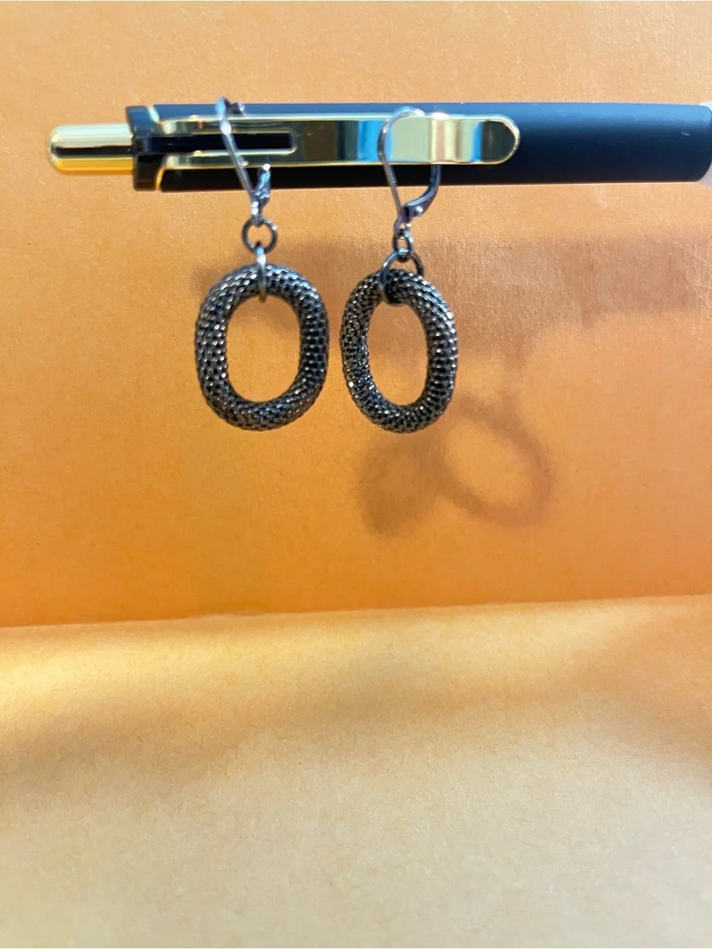 Textured Black Hoop Drop Earrings with Lever-Backs